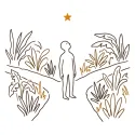 Line illustration of a figure standing where a jungle path forks, looking up at a star