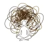 Line art illustration: seated person with a tangle of lines above the head