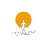 Line art illustration: person with open arms facing a large rising sun