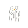 Line art illustration: two people close together, one hand on the other's chest, a leaf between them