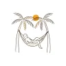 Line art illustration: person resting in a hammock between two palm trees, sun behind the canopy