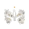 Line art illustration: person at a forking jungle path looking up at a star