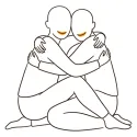 Line illustration of two figures embracing with their eyes closed