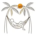 Line illustration of a figure resting in a hammock between two palms, with a sun behind