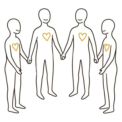 Line illustration of four figures holding hands, each with a heart on their chest