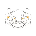 Line illustration of two figures sitting cross-legged inside a sphere held by two larger figures with hearts on their chests
