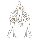 Line illustration of three figures holding another aloft, each with a heart on the chest
