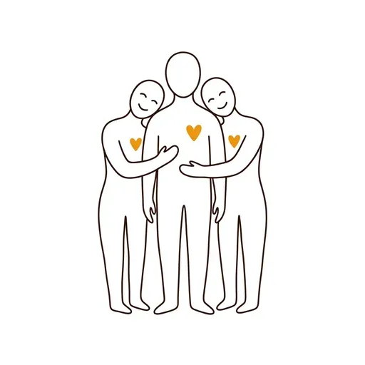 Line illustration of three figures embracing, each with a heart on their chest