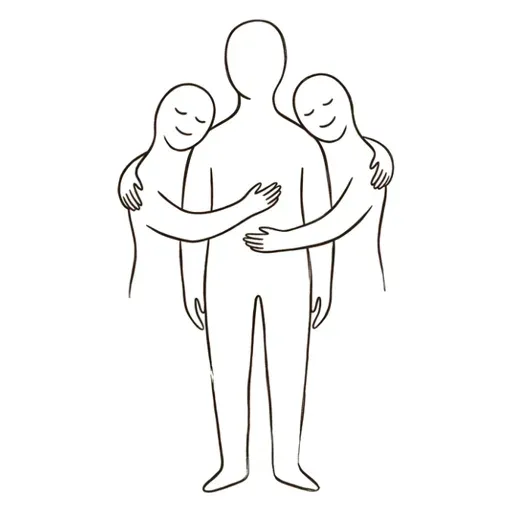 Line illustration of three people embracing