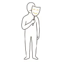 Line illustration of a person holding a smiling mask over their face
