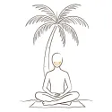 Line illustration of a figure sitting cross-legged in meditation under a palm tree