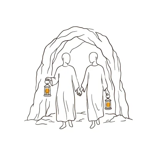 Line illustration of two figures in robes walking into a cave together, holding hands, each carrying a lantern