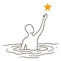 Line illustration of a figure in water reaching up toward an amber star