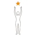 Line illustration of a figure stretching both arms up toward an amber star