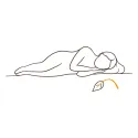 Line illustration of a person lying down resting, beside a drooping leaf
