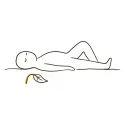Line illustration of a figure lying down resting, eyes closed, beside a drooping leaf