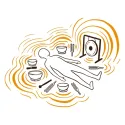 Line illustration of a figure lying among singing bowls, a gong and tuning forks, with sound waves radiating