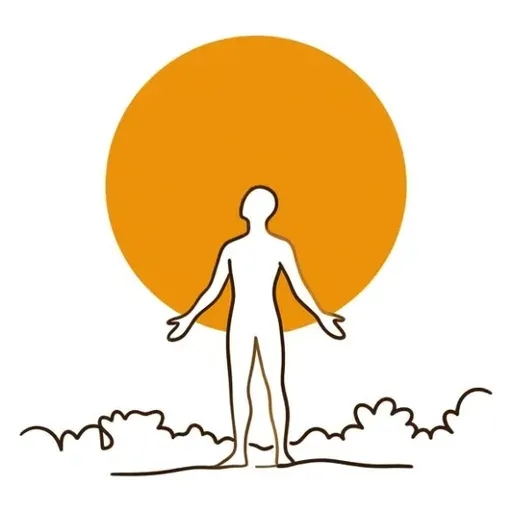 Line illustration of a figure with open arms standing before a large amber sun