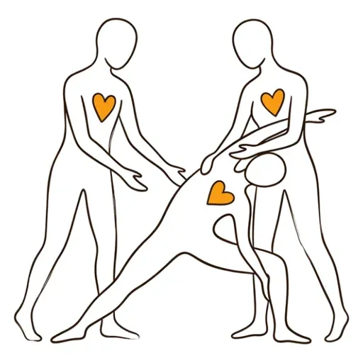 Line illustration of three figures with hearts, one bowing forward while another supports them