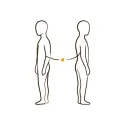 Line illustration of two figures standing facing each other, joined by a single thread with a small dot at its centre