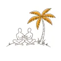 Line illustration of two figures sitting cross-legged facing each other with palms together under a palm tree