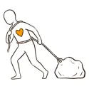 Line illustration of a figure dragging a heavy sack, with a heart on the chest