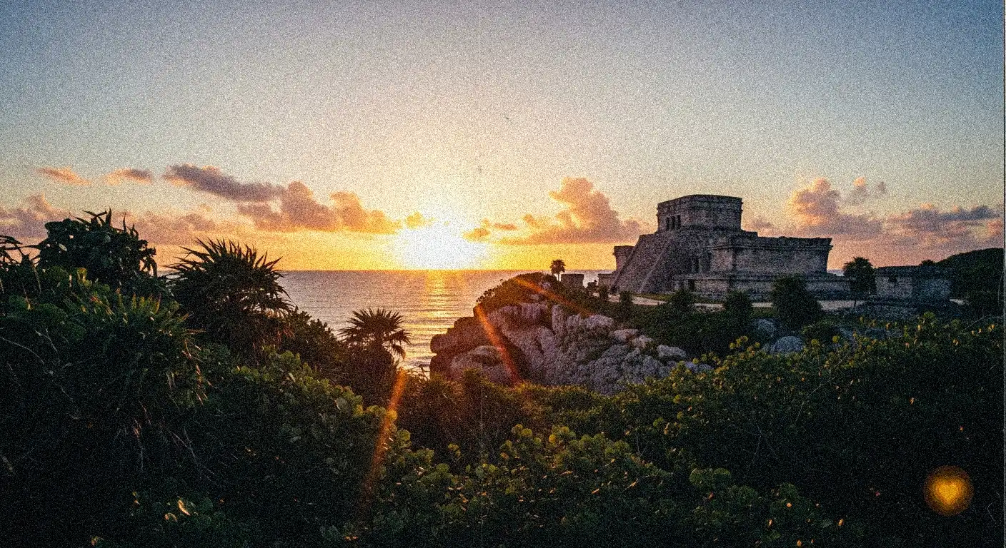 A beautiful, hopeful sunrise over the Tulum ruins