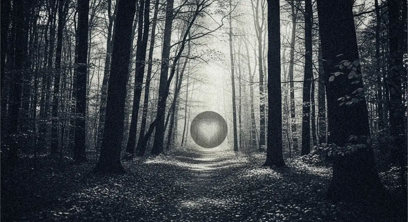 A path leading into a dense, shadowed forest with light ahead
